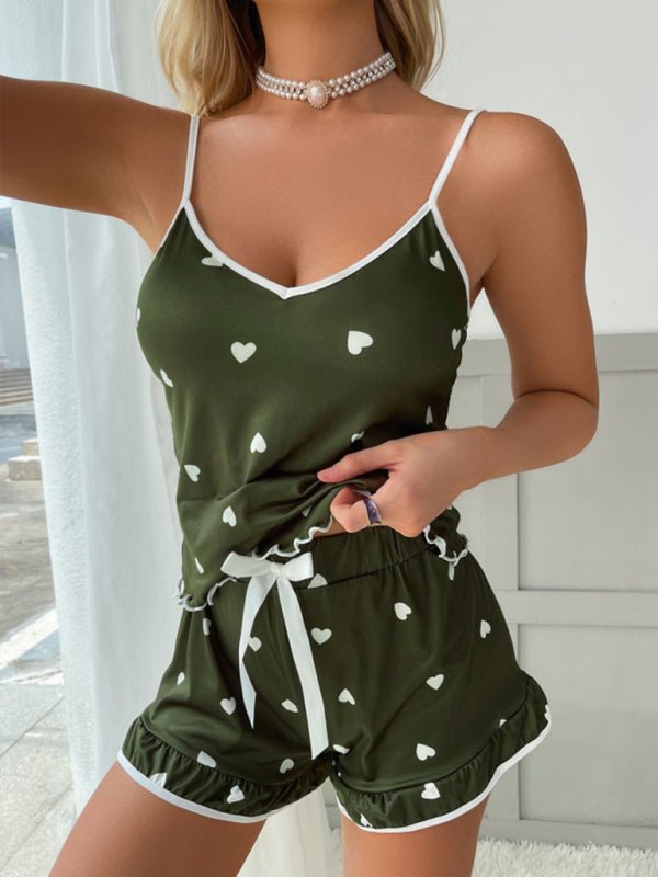 Levoire | Ensemble de pyjama à bretelles spaghetti imprimé cœur pour femmes + shorts Vert