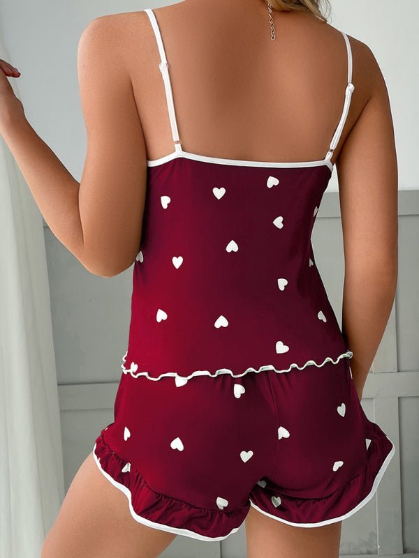 Levoire | Ensemble de pyjama à bretelles spaghetti imprimé cœur pour femmes + shorts