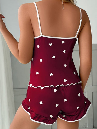 Levoire | Ensemble de pyjama à bretelles spaghetti imprimé cœur pour femmes + shorts