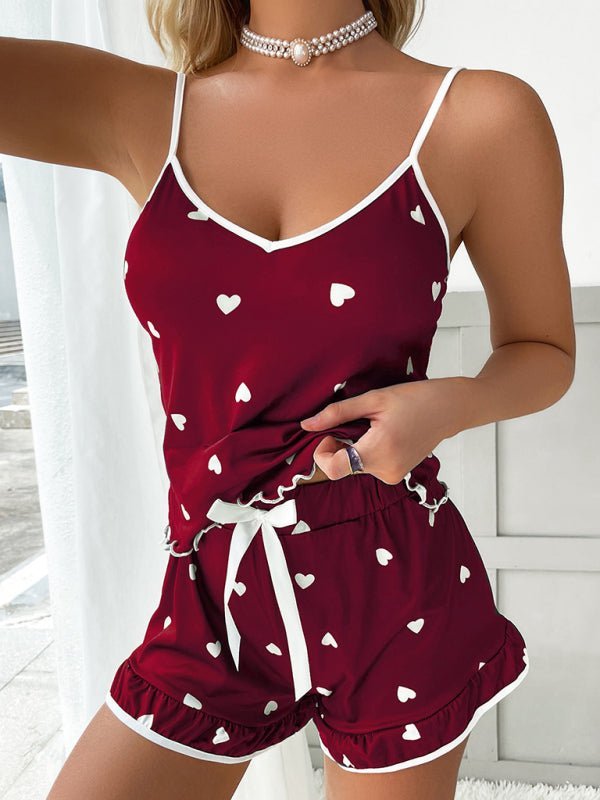 Levoire | Ensemble de pyjama à bretelles spaghetti imprimé cœur pour femmes + shorts Rot