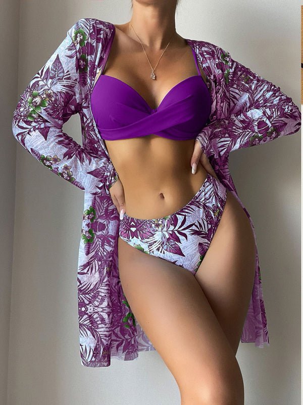 Levoire | Femme Taille haute Imprimé Bikini trois pièces avec couverture en filet et drapé divisé Violetti