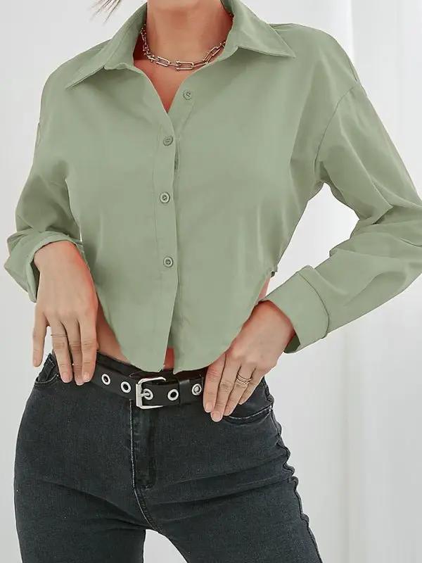 Levoire | Femmes Inégalement Bord Revers Élégant Chemise à Manches Longues Vert