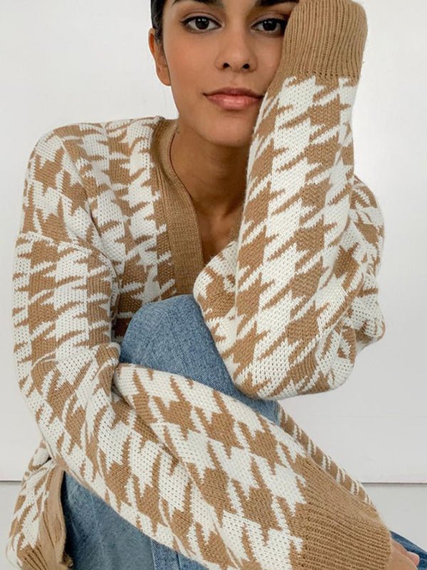 Levoire | Femmes Tricoté Bouton Pression Devant Manches Longues V-U-découpe Cardigan Khaki Houndstooth