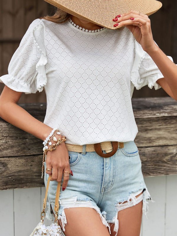 Levoire | Femme Tricoté Décontracté Col Rond Jacquard Manches Courtes T-shirt