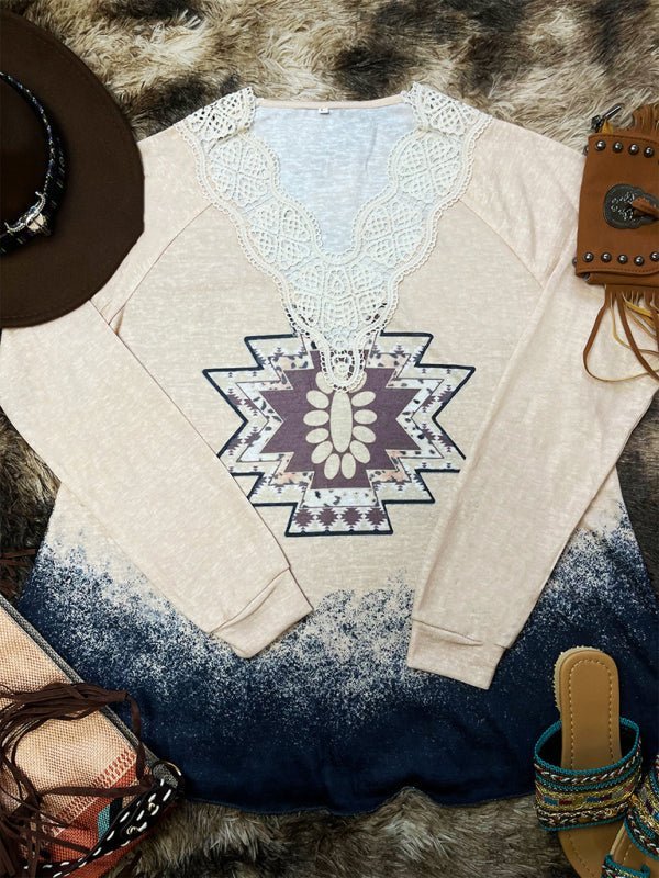 Levoire | Femmes Tricot Casual Western Imprimé Dentelle Haut