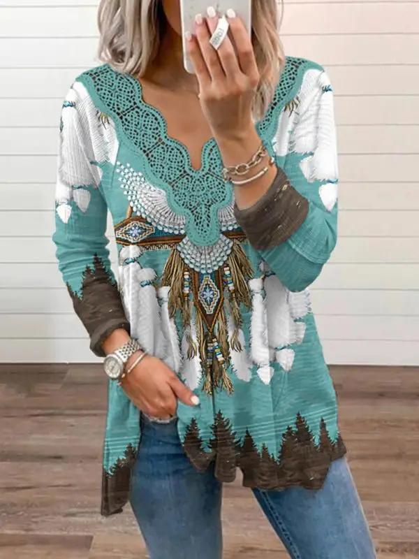 Levoire | Femmes Tricot Casual Western Imprimé Dentelle Haut Vert