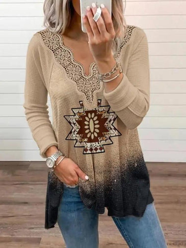 Levoire | Femmes Tricot Casual Western Imprimé Dentelle Haut