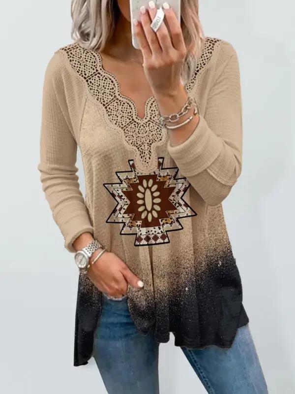 Levoire | Femmes Tricot Casual Western Imprimé Dentelle Haut Khaki