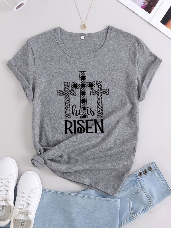 Levoire | Femmes Tricot Col Rond Motif À Carreaux Manches Courtes T-shirt Gris