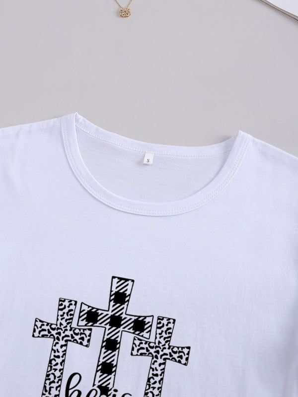 Levoire | Femmes Tricot Col Rond Motif À Carreaux Manches Courtes T-shirt