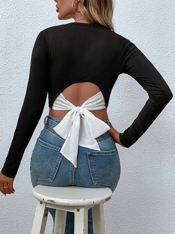 Levoire | Femme Tricot Sexy Taille Ouverte Couleur Contrastée Manches Longues T-shirt