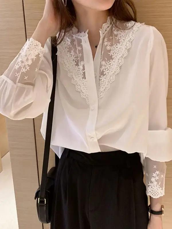 Levoire | Femmes Spets Chiffon Panneau Manches Longues Top Rohhvid sale blanc