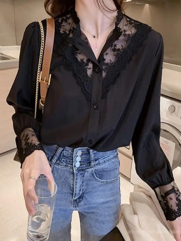 Levoire | Femmes Spets Chiffon Panneau Manches Longues Top