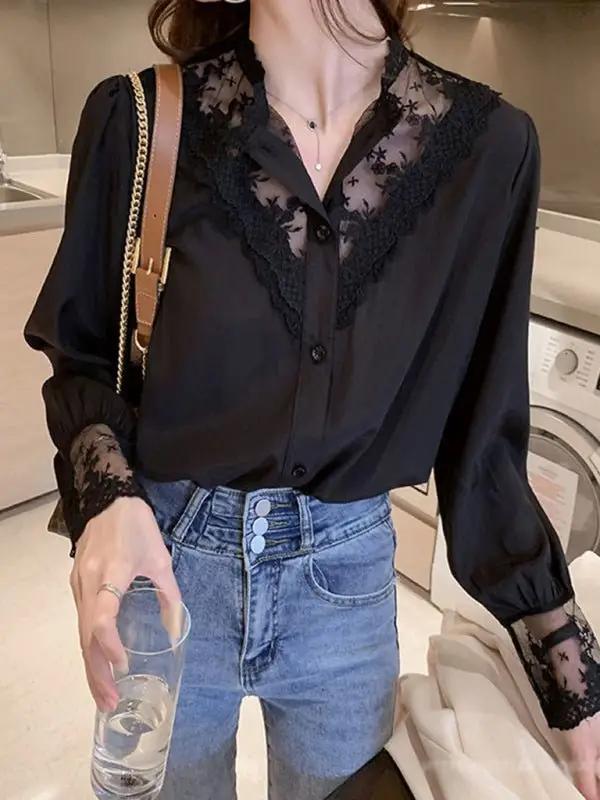 Levoire | Femmes Spets Chiffon Panneau Manches Longues Top Noir