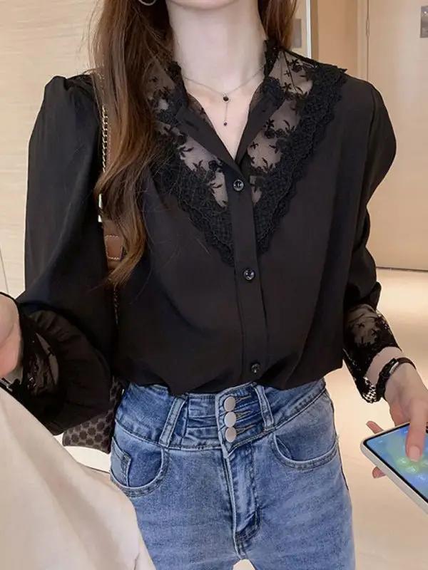 Levoire | Femmes Spets Chiffon Panneau Manches Longues Top