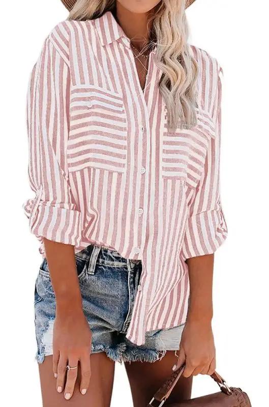 Levoire | Femme Lin Coton Lavé Tissu Lin Rayures d'Eau Bouton Unique Chemise à Manches Longues Femme Rosa