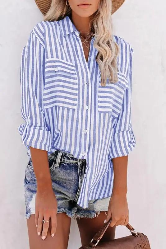Levoire | Femme Lin Coton Lavé Tissu Lin Rayures d'Eau Bouton Unique Chemise à Manches Longues Femme Violet marine