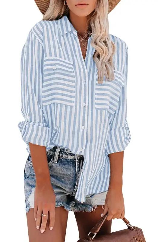 Levoire | Femme Lin Coton Lavé Tissu Lin Rayures d'Eau Bouton Unique Chemise à Manches Longues Femme Ciel bleu azur
