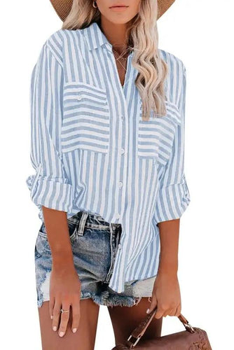 Levoire | Femme Lin Coton Lavé Tissu Lin Rayures d'Eau Bouton Unique Chemise à Manches Longues Femme