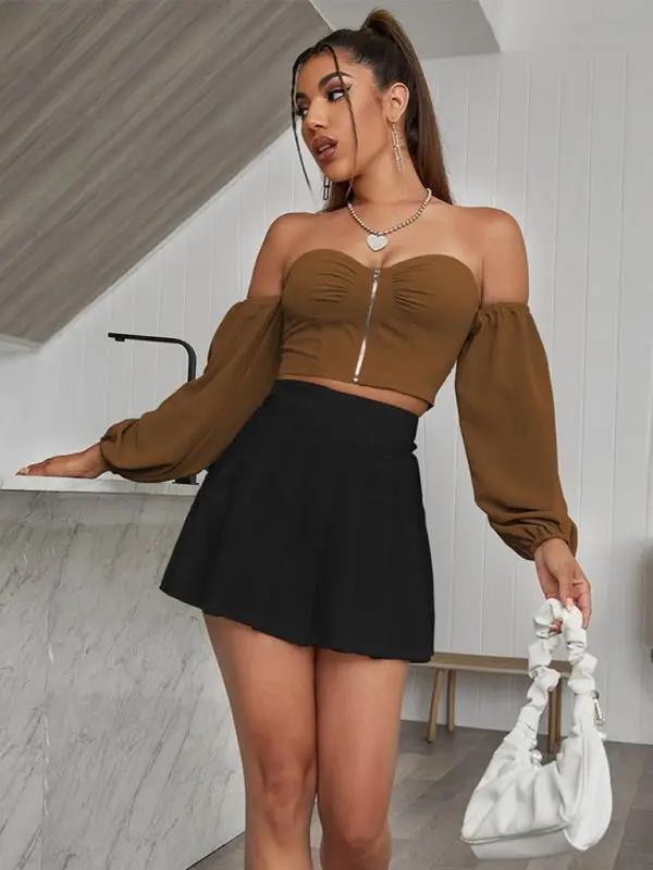 Levoire | Femme taille haute épaule dénudée ajustée tube à manches longues fermeture éclair Braun