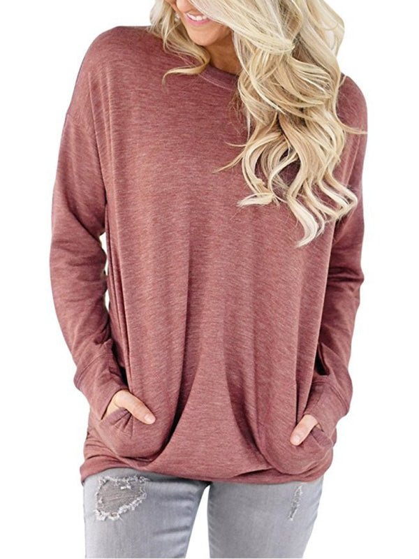 Levoire | Femme Col Rond Batman Manches Longues Poches Uni T-shirt Lâche Teglrød