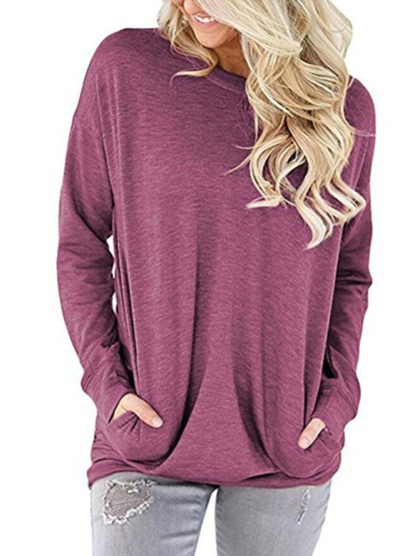 Levoire | Femme Col Rond Batman Manches Longues Poches Uni T-shirt Lâche Violet