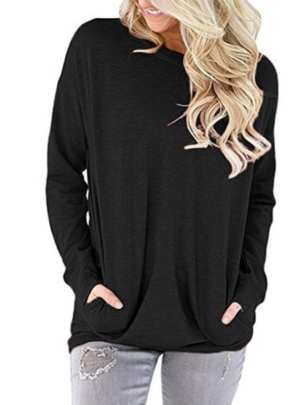 Levoire | Femme Col Rond Batman Manches Longues Poches Uni T-shirt Lâche Noir