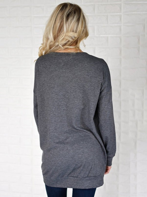 Levoire | Femme Col Rond Batman Manches Longues Poches Uni T-shirt Lâche Gris