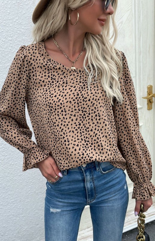 Levoire | Femme Pull Col Rond Sous-vêtement Imprimé Léopard Chemise Khaki