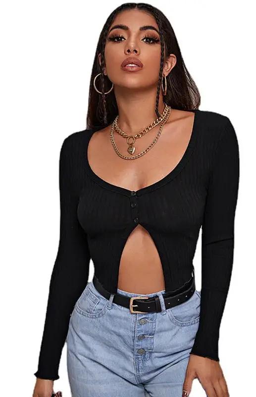 Levoire | Femmes Sexy Bouton Crop Longue Manche top