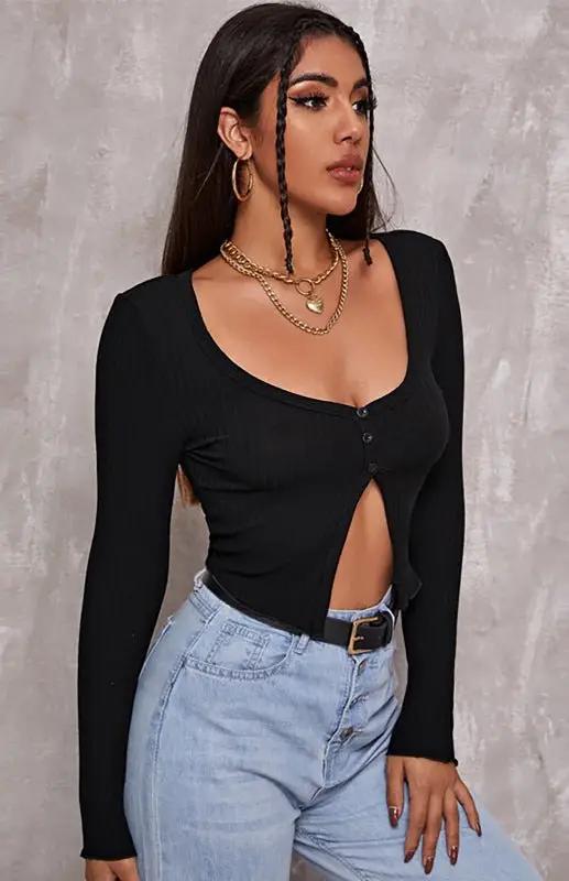 Levoire | Femmes Sexy Bouton Crop Longue Manche top