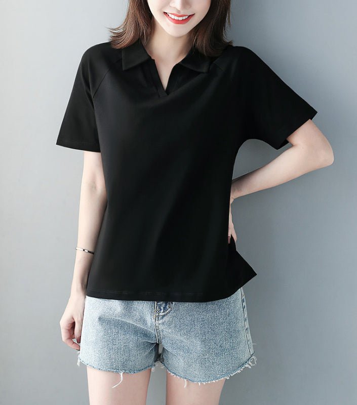 Levoire | Femme Simple Légère Courte Manches Polo-Shirt à Col Fendu Noir