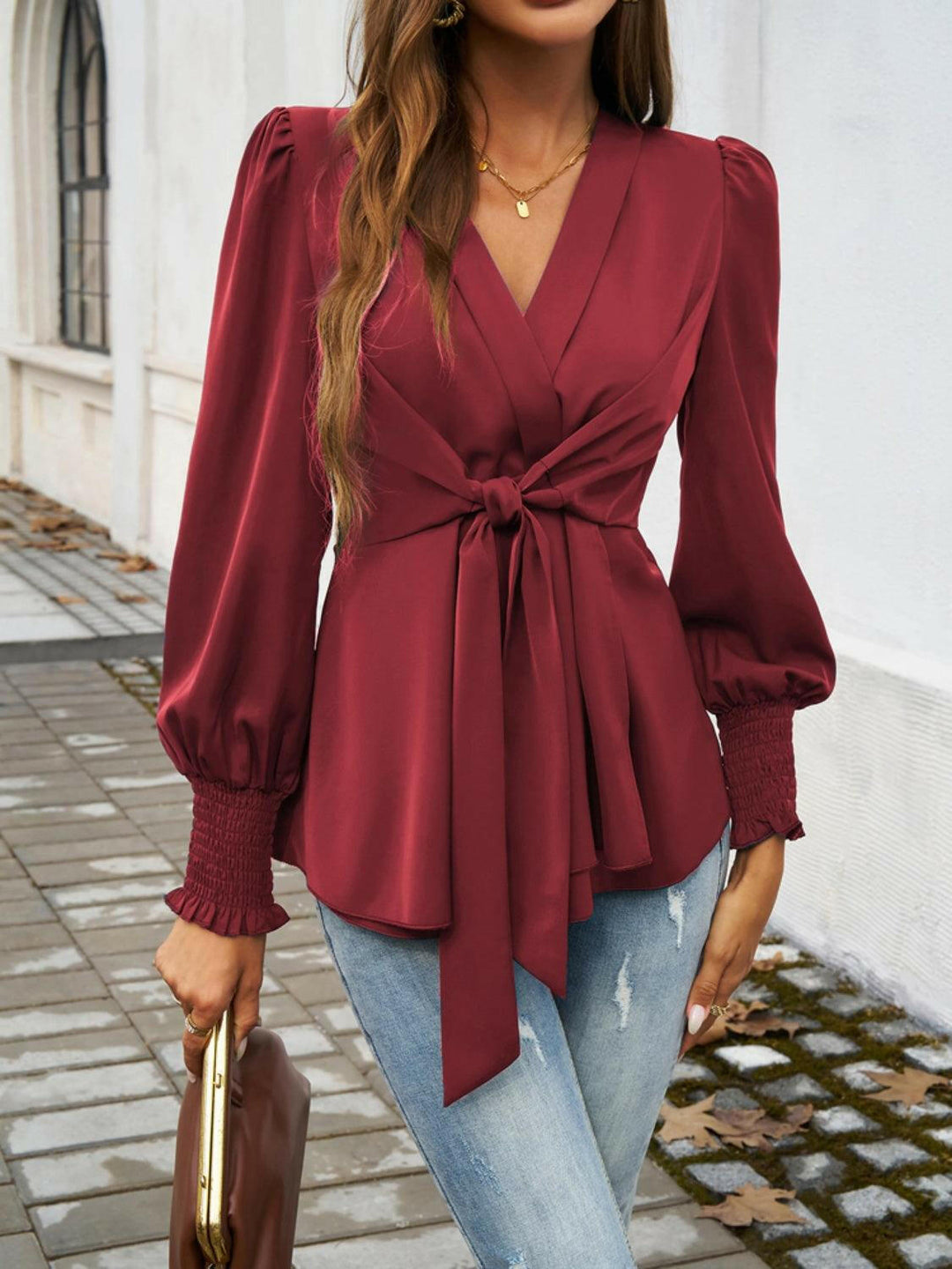 Levoire | Femme Blouse À Manches Longues Smockée Douce Bordeaux