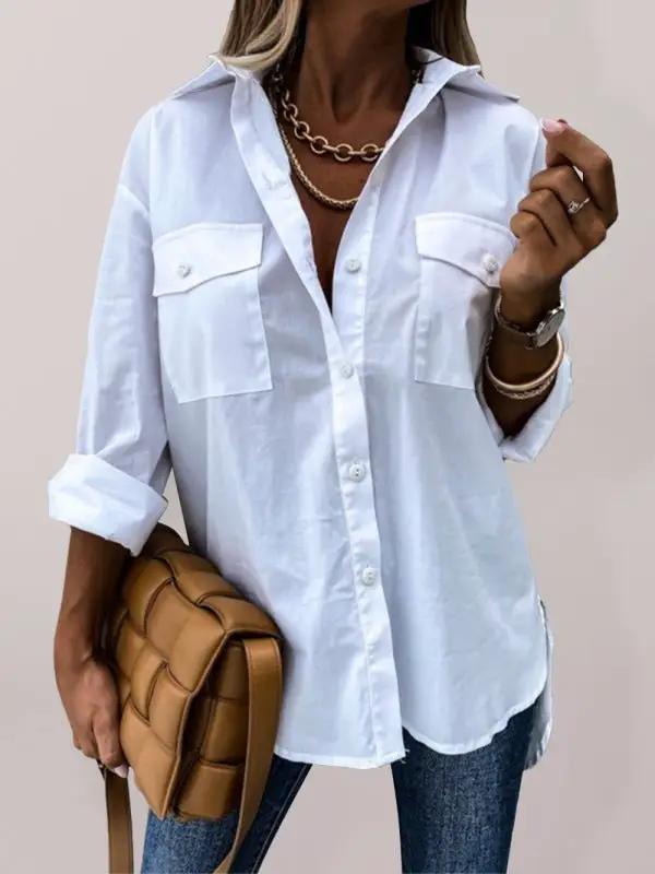 Levoire | Femme unie poche irrégulière chemise à manches longues à revers Blanc