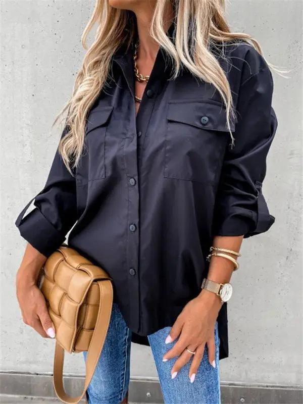 Levoire | Femme unie poche irrégulière chemise à manches longues à revers Noir