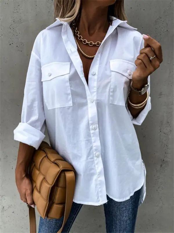 Levoire | Femme unie poche irrégulière chemise à manches longues à revers