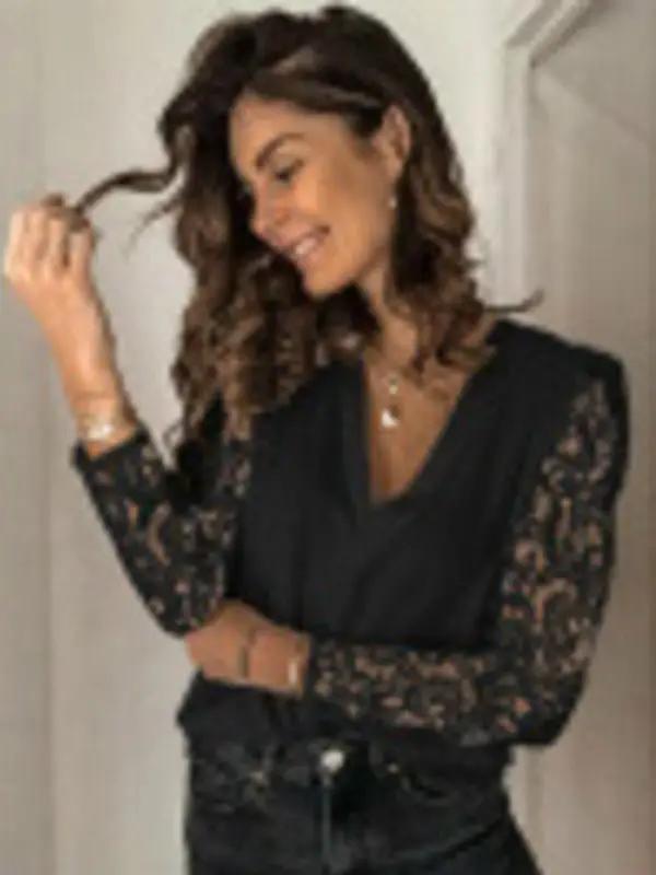 Levoire | Femmes unies avec dentelle Manches longues Col en V Pull