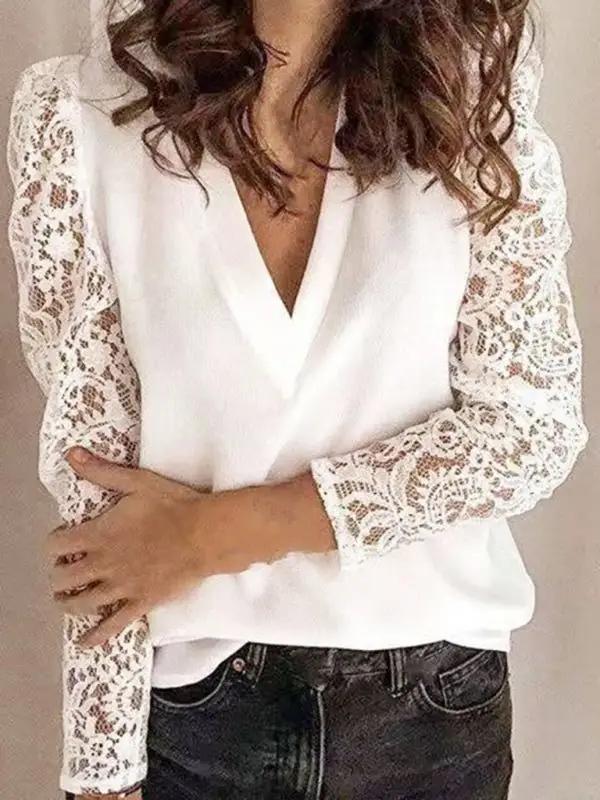 Levoire | Femmes unies avec dentelle Manches longues Col en V Pull