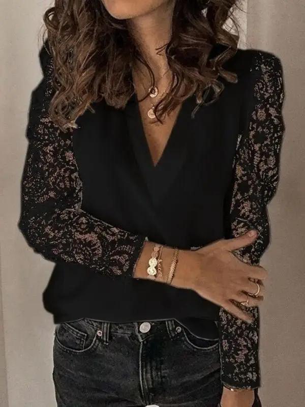 Levoire | Femmes unies avec dentelle Manches longues Col en V Pull