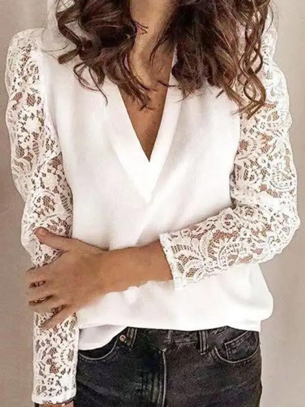 Levoire | Femmes unies avec dentelle Manches longues Col en V Pull