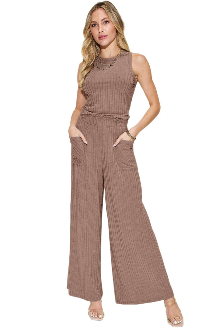 Levoire | Femmes Tendance Stretch Ripp Haut & Pantalon Large Ensemble Moka