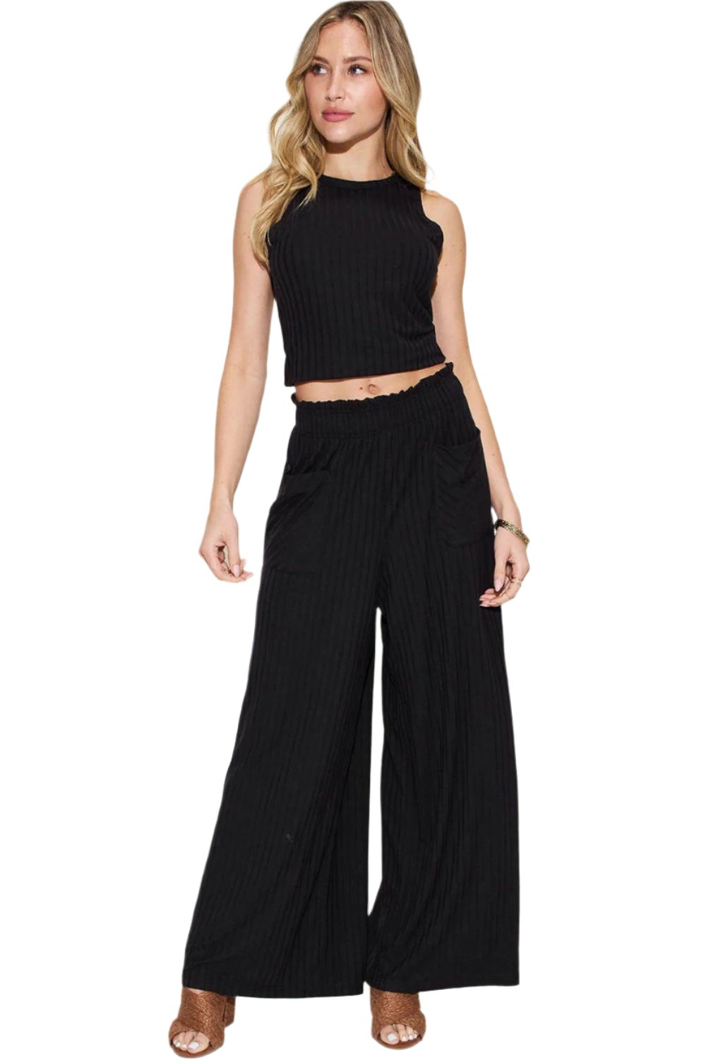 Levoire | Femmes Tendance Stretch Ripp Haut & Pantalon Large Ensemble Noir