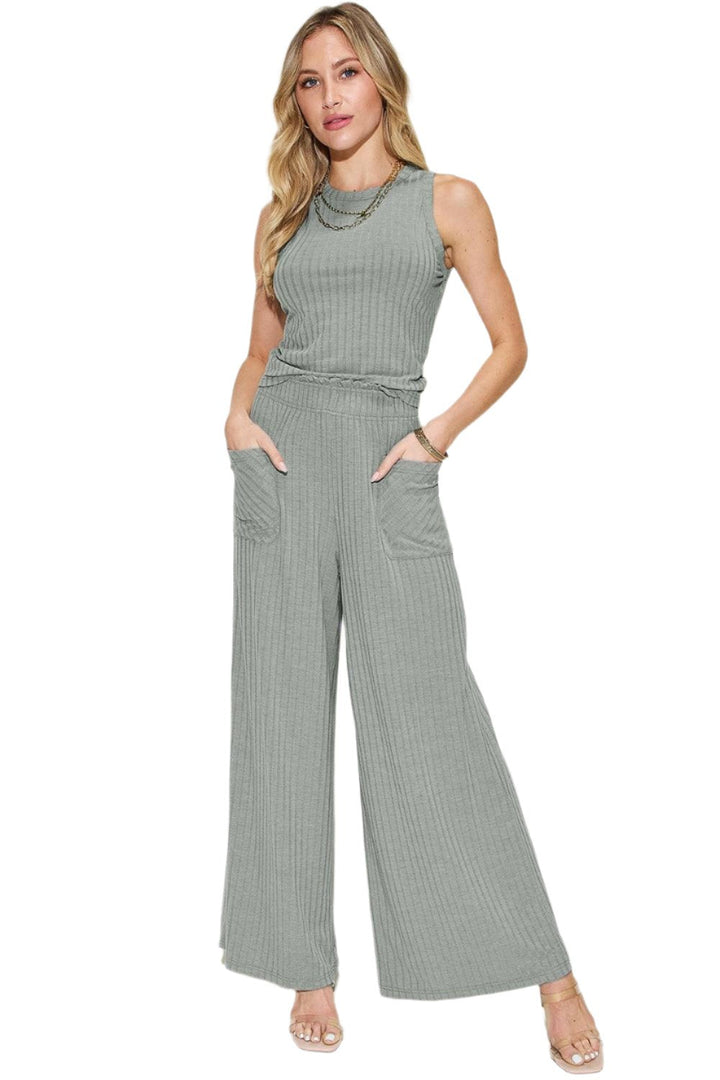 Levoire | Femmes Tendance Stretch Ripp Haut & Pantalon Large Ensemble Gris