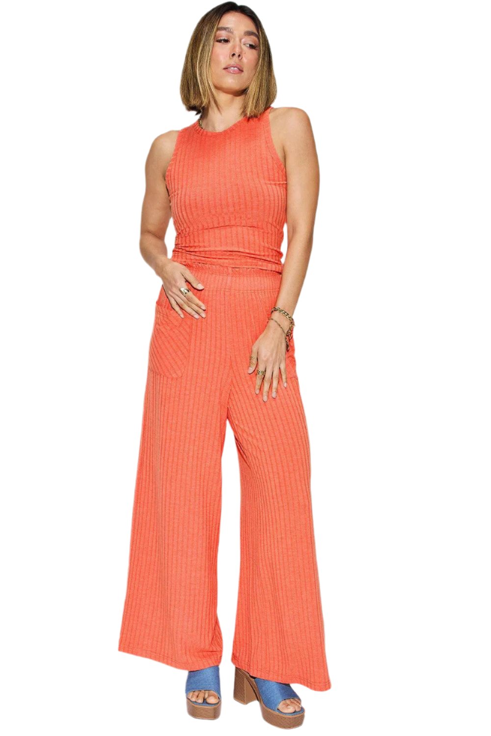 Levoire | Femmes Tendance Stretch Ripp Haut & Pantalon Large Ensemble Orange