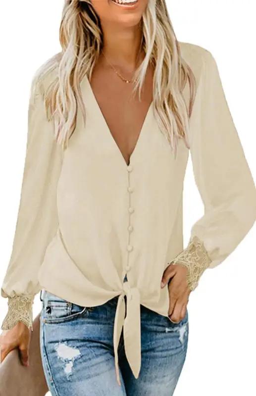 Levoire | Femme V-Décolleté Dentelle Rapiéçage Uni Band Loose Manches Longues Chemisier Rohhvid sale blanc