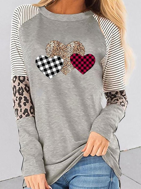 Levoire | Femmes Saint-Valentin Manches Longues Motif Mosaïque Pêche Cœur Détente Col Rond Ample Chemise Gris