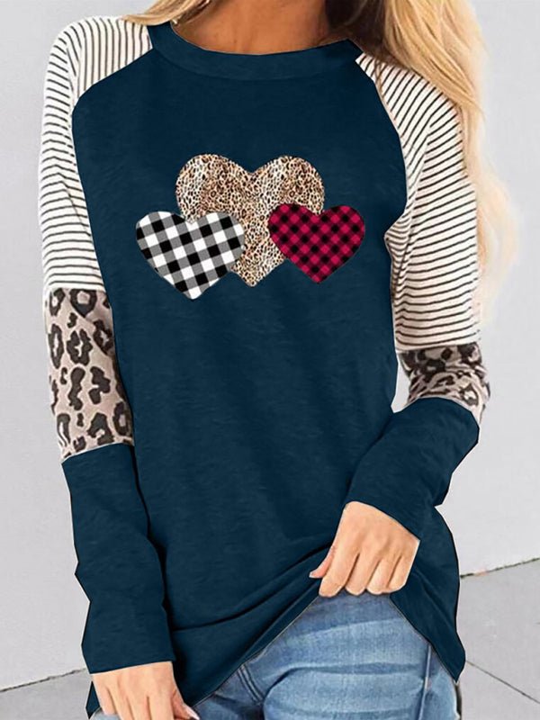 Levoire | Femmes Saint-Valentin Manches Longues Motif Mosaïque Pêche Cœur Détente Col Rond Ample Chemise Bleu