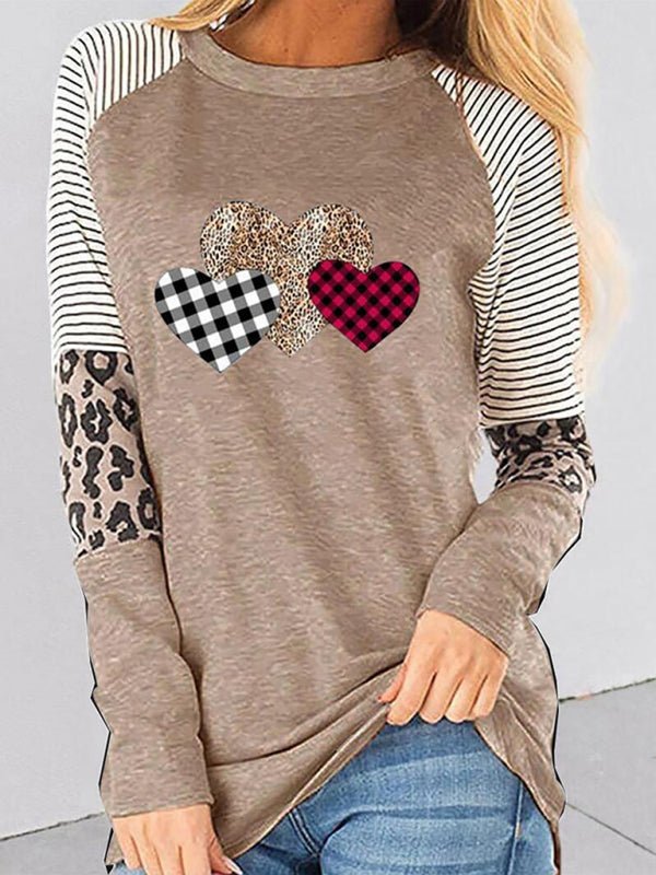 Levoire | Femmes Saint-Valentin Manches Longues Motif Mosaïque Pêche Cœur Détente Col Rond Ample Chemise Kaki