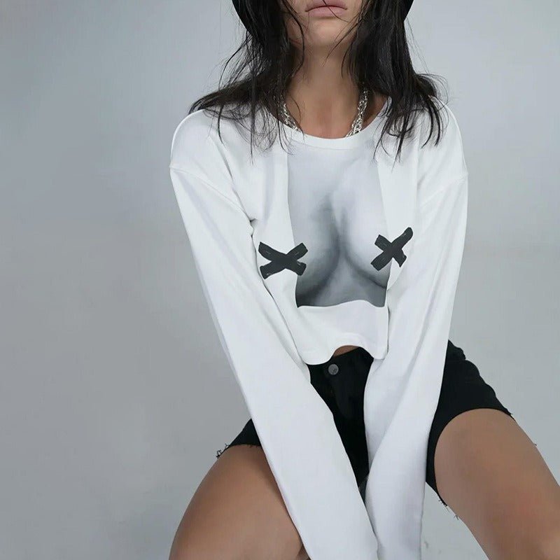 Levoire | Vêtements pour dames Automne Nouveau Imprimé Abstrait Manches Longues Sweatshirt Courte Rue Épice Fille Sweatshirt