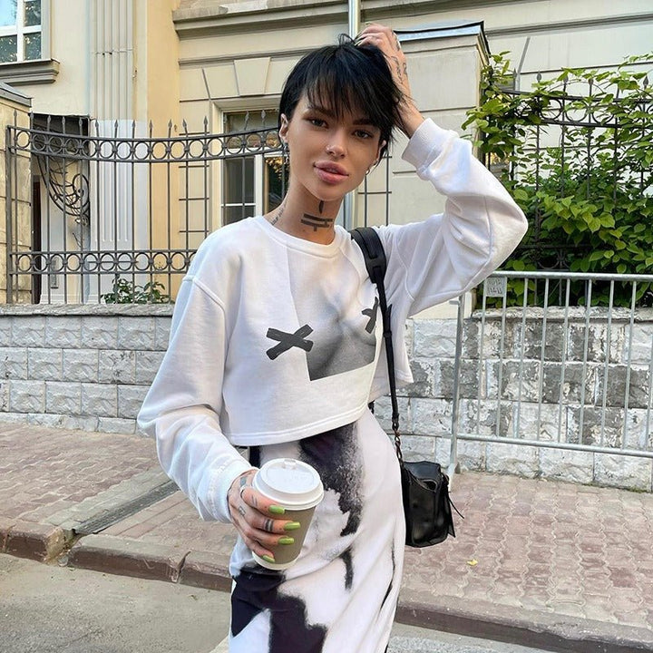 Levoire | Vêtements pour dames Automne Nouveau Imprimé Abstrait Manches Longues Sweatshirt Courte Rue Épice Fille Sweatshirt